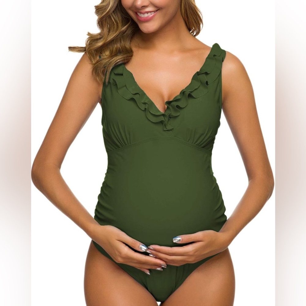 One Piece Green Maternity Swimsuit Ruffle Deep V Neck Bathing Suits - S